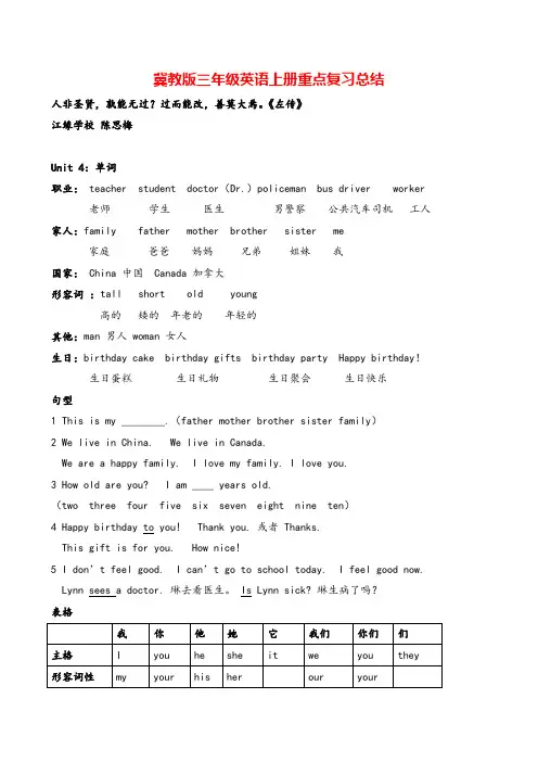 冀教版三年级英语上册重点复习总结精品