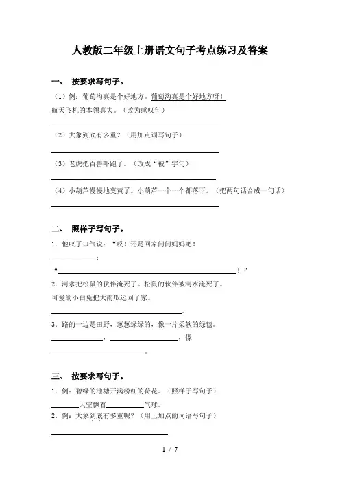 人教版二年级上册语文句子考点练习及答案