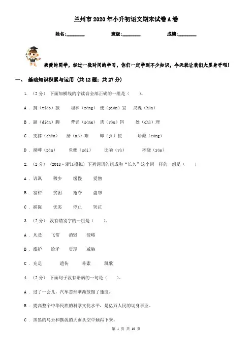 兰州市2020年小升初语文期末试卷A卷