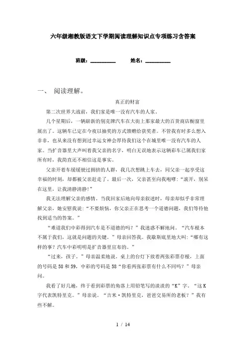 六年级湘教版语文下学期阅读理解知识点专项练习含答案