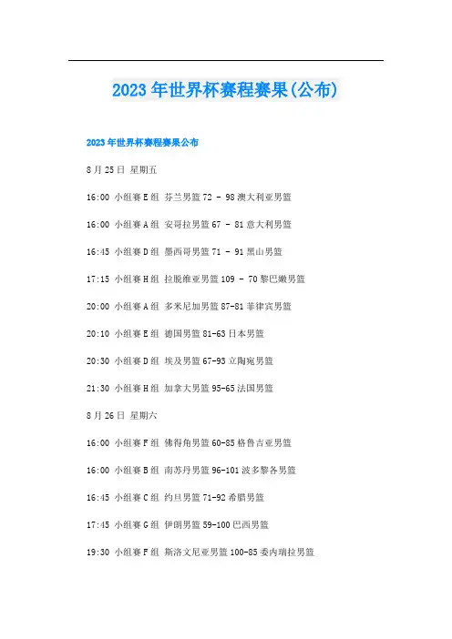 2023年世界杯赛程赛果(公布)