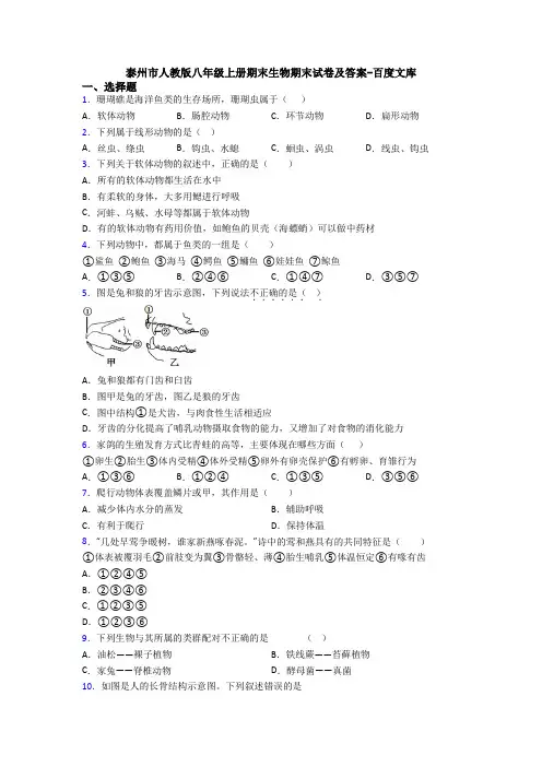 泰州市人教版八年级上册期末生物期末试卷及答案-百度文库