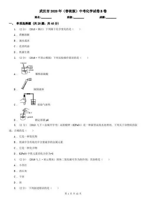 武汉市2020年(春秋版)中考化学试卷B卷