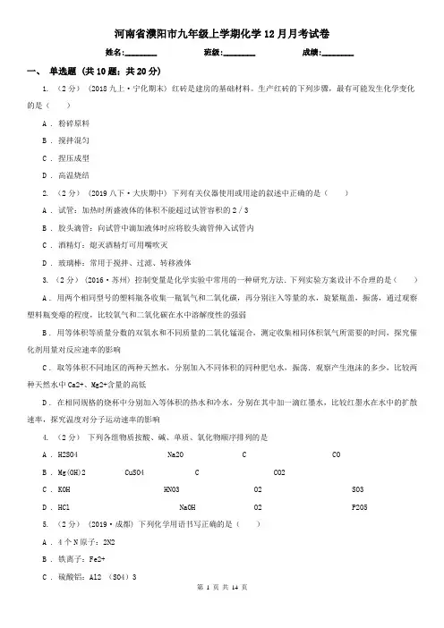 河南省濮阳市九年级上学期化学12月月考试卷