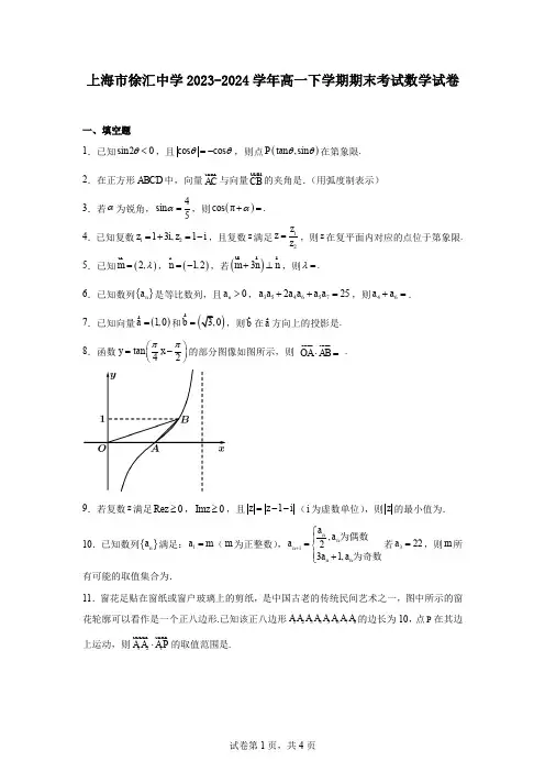 上海市徐汇中学2023-2024学年高一下学期期末考试数学试卷