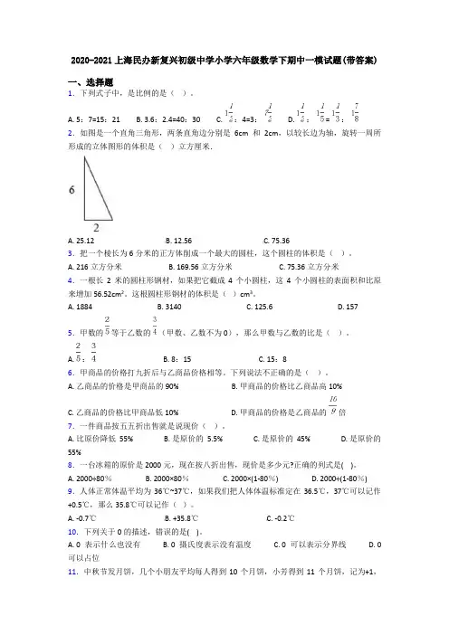 2020-2021上海民办新复兴初级中学小学六年级数学下期中一模试题(带答案)