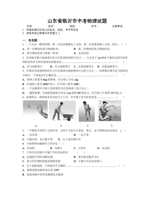最新山东省临沂市中考物理试题及解析