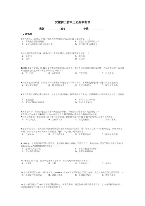 安徽初三初中历史期中考试带答案解析
