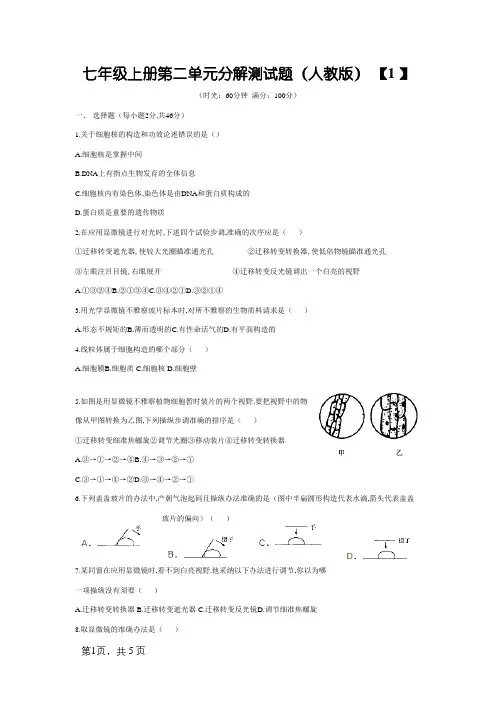 七年级生物上册第二单元综合测试题(人教版)及答案