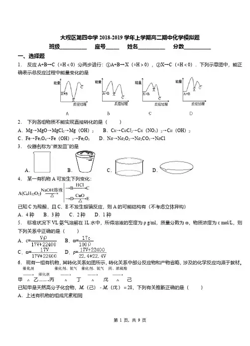 大观区第四中学2018-2019学年上学期高二期中化学模拟题