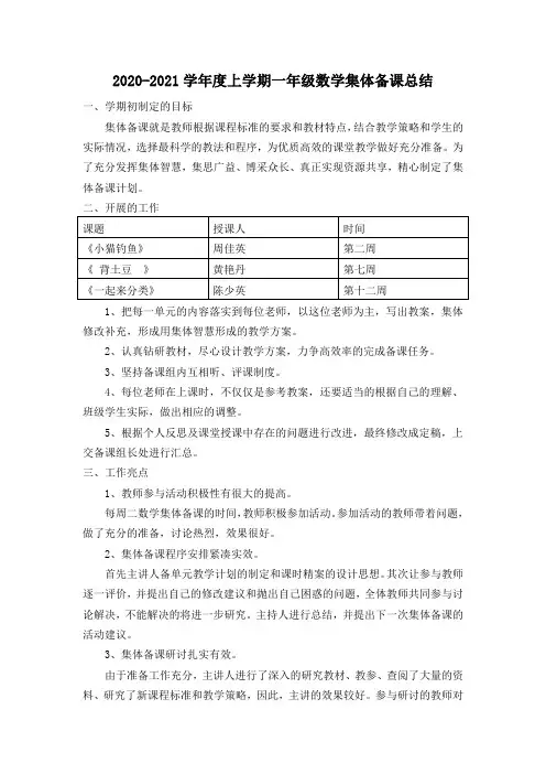 一年级数学集体备课总结