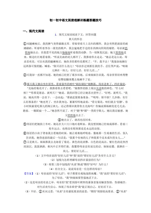 初一初中语文阅读理解训练题答题技巧