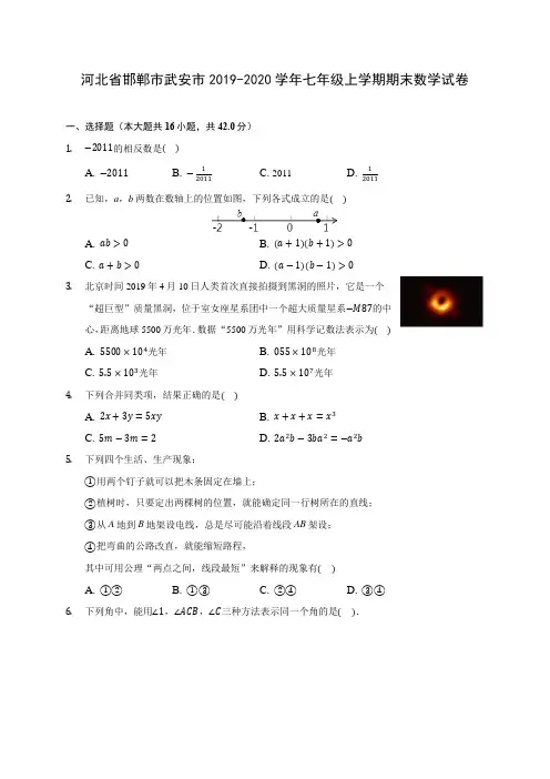 河北省邯郸市武安市2019-2020学年七年级上学期期末数学试卷 (含解析)