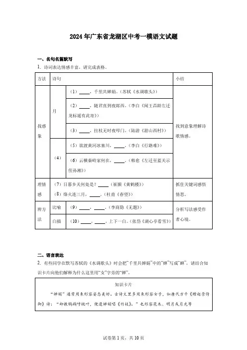 2024年广东省龙湖区中考一模语文试题