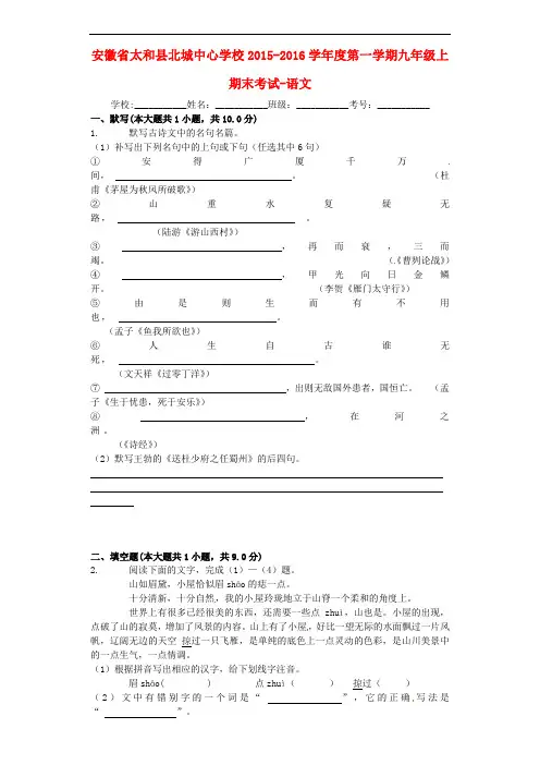 安徽省太和县北城中心学校九年级语文上学期期末考试题 新人教版