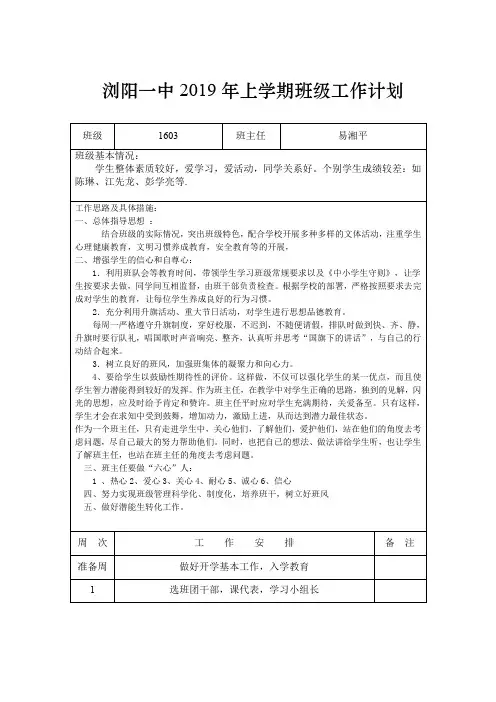 浏阳一中2019年上学期班级工作计划