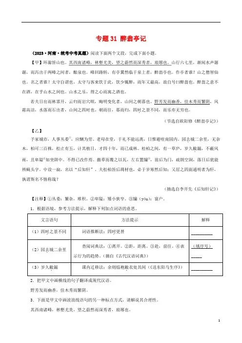 专题31 醉翁亭记(解析版)-备战2024年中考语文之文言文对比阅读(全国通用)