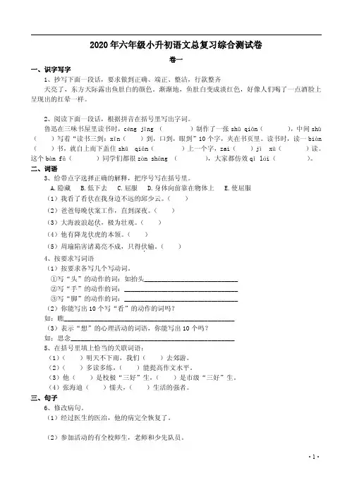 2020年六年级小升初语文总复习综合测试卷6份附答案