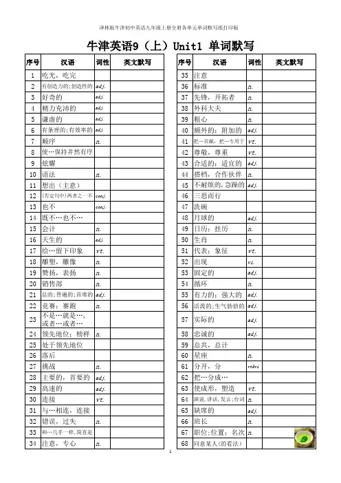 译林版牛津初中英语九年级上册全册各单元单词默写纸打印版