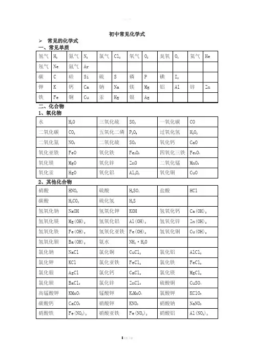 初中常见化学式大全