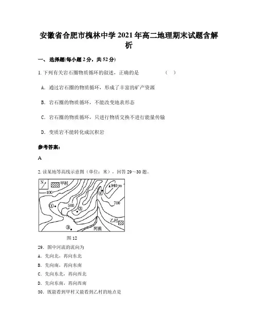 安徽省合肥市槐林中学2021年高二地理期末试题含解析