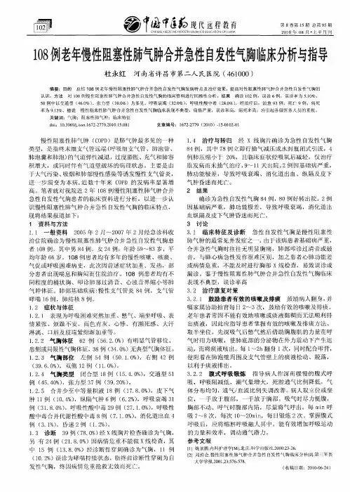 108例老年慢性阻塞性肺气肿合并急性自发性气胸临床分析与指导