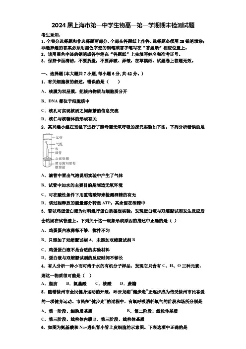 2024届上海市第一中学生物高一第一学期期末检测试题含解析