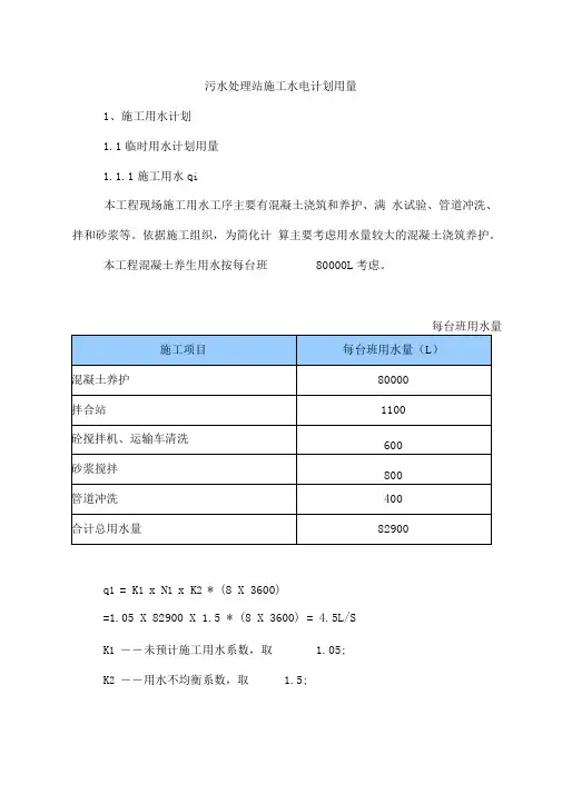 污水处理站施工水电计划用量