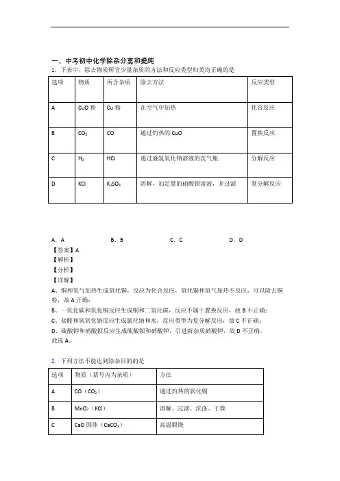 2020-2021中考化学专题训练---除杂分离和提纯的综合题分类含答案