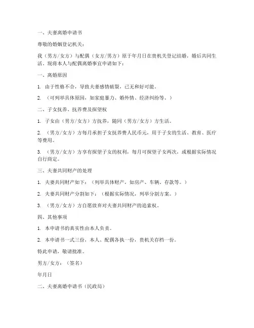 夫妻离婚申请书范本大全
