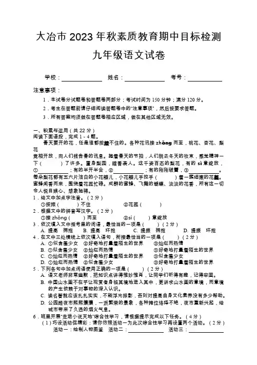湖北省黄石市大冶市2023-2024学年九年级上学期期中考试语文试题