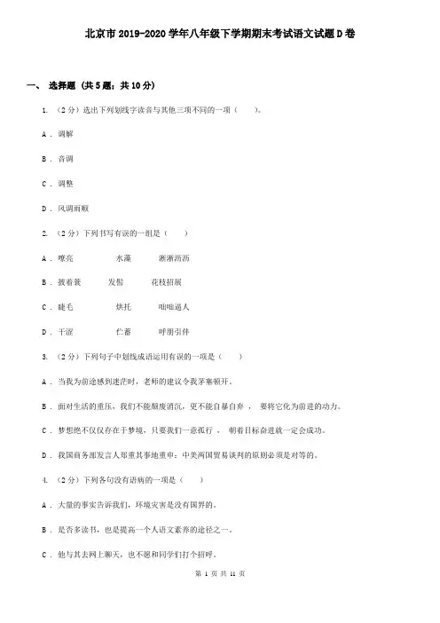 北京市2019-2020学年八年级下学期期末考试语文试题D卷