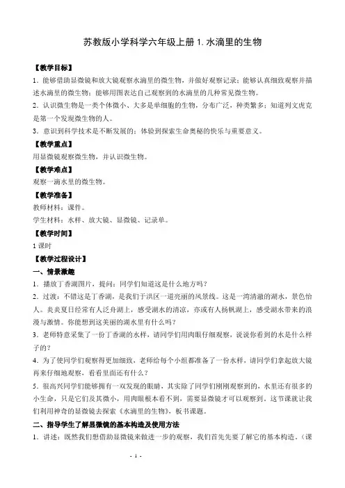 苏教版科学六年级上册教案-水滴里的生物