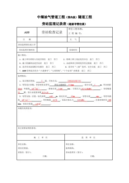 监理旁站记录表格(超前导管注浆)