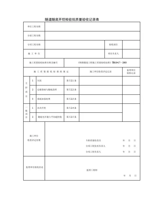隧道隧底开挖检验批质量验收记录表