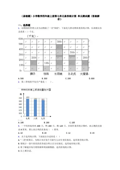 (易错题)小学数学四年级上册第七单元条形统计图 单元测试题(答案解析)