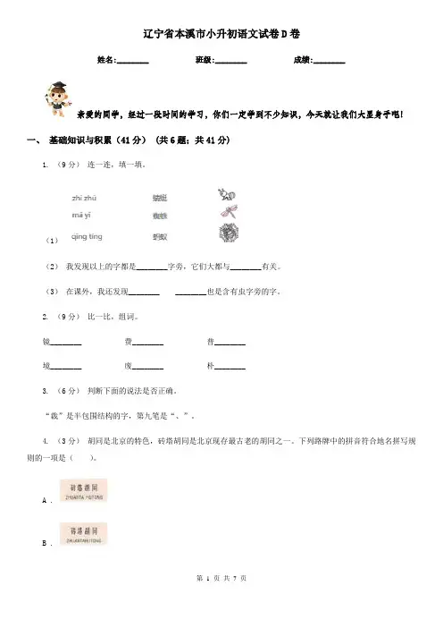 辽宁省本溪市小升初语文试卷D卷