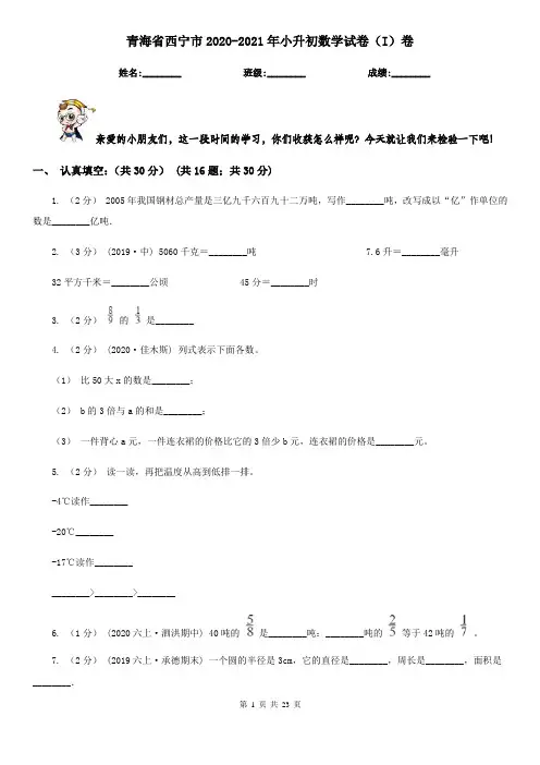 青海省西宁市2020-2021年小升初数学试卷(I)卷