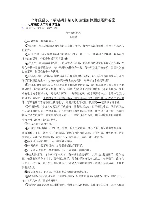 七年级语文下学期期末复习阅读理解检测试题附答案