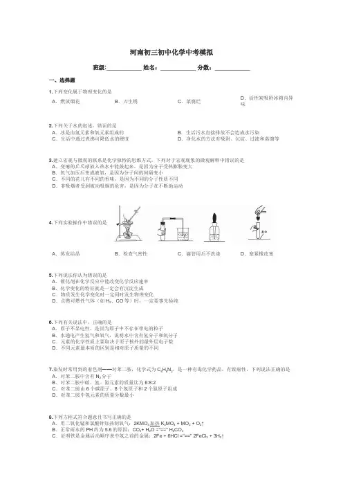 河南初三初中化学中考模拟带答案解析
