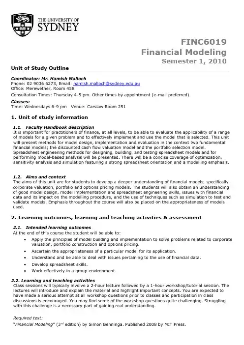 FINC6019_Financial Modelling_2010 Semester 1_FINC6019_Financial Modelling_UoSOutline