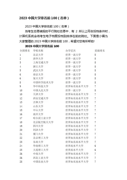 2023中国大学排名前100（名单）