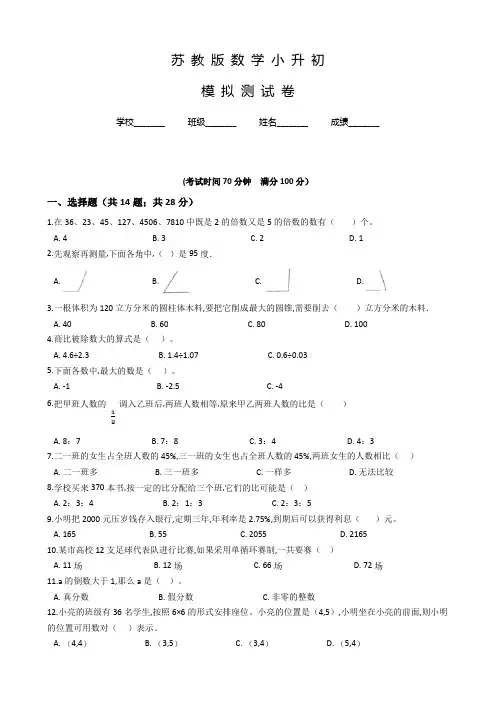 苏教版六年级小升初数学冲刺模拟卷含答案