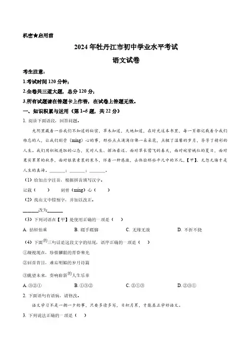 2024年黑龙江省牡丹江市中考语文真题卷(含答案与解析)_4741