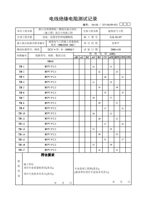 试验记录——电线绝缘电阻测试记录