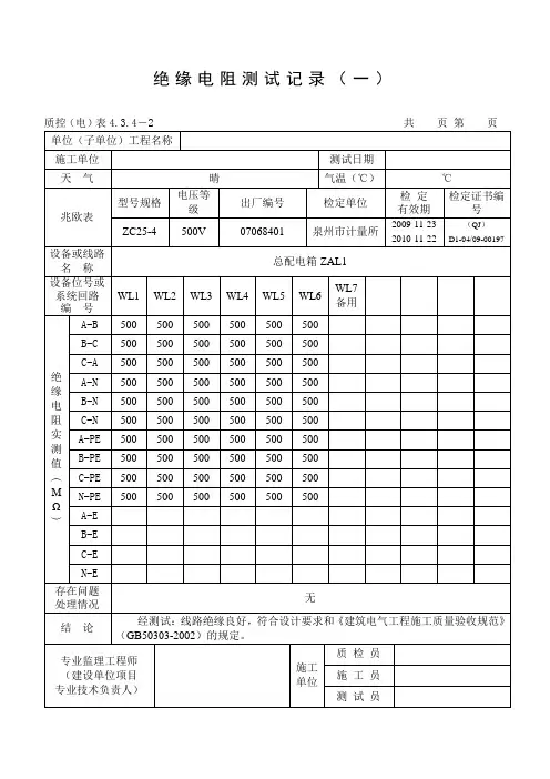 范例 绝缘电阻测试记录