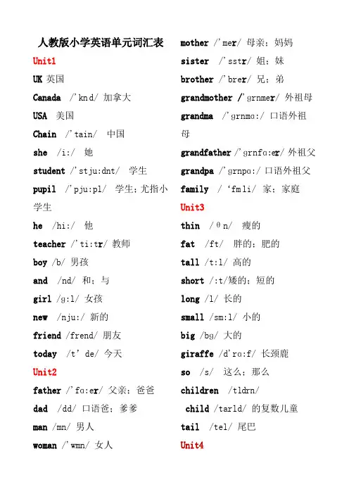 英语三年级下册单元词汇表