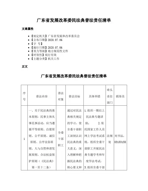 广东省发展改革委民法典普法责任清单