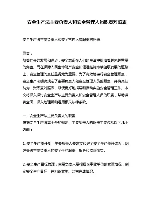 安全生产法主要负责人和安全管理人员职责对照表