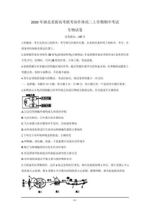 湖北省新高考联考协作体2020-2021学年高二上学期期中考试 生物 Word版含答案